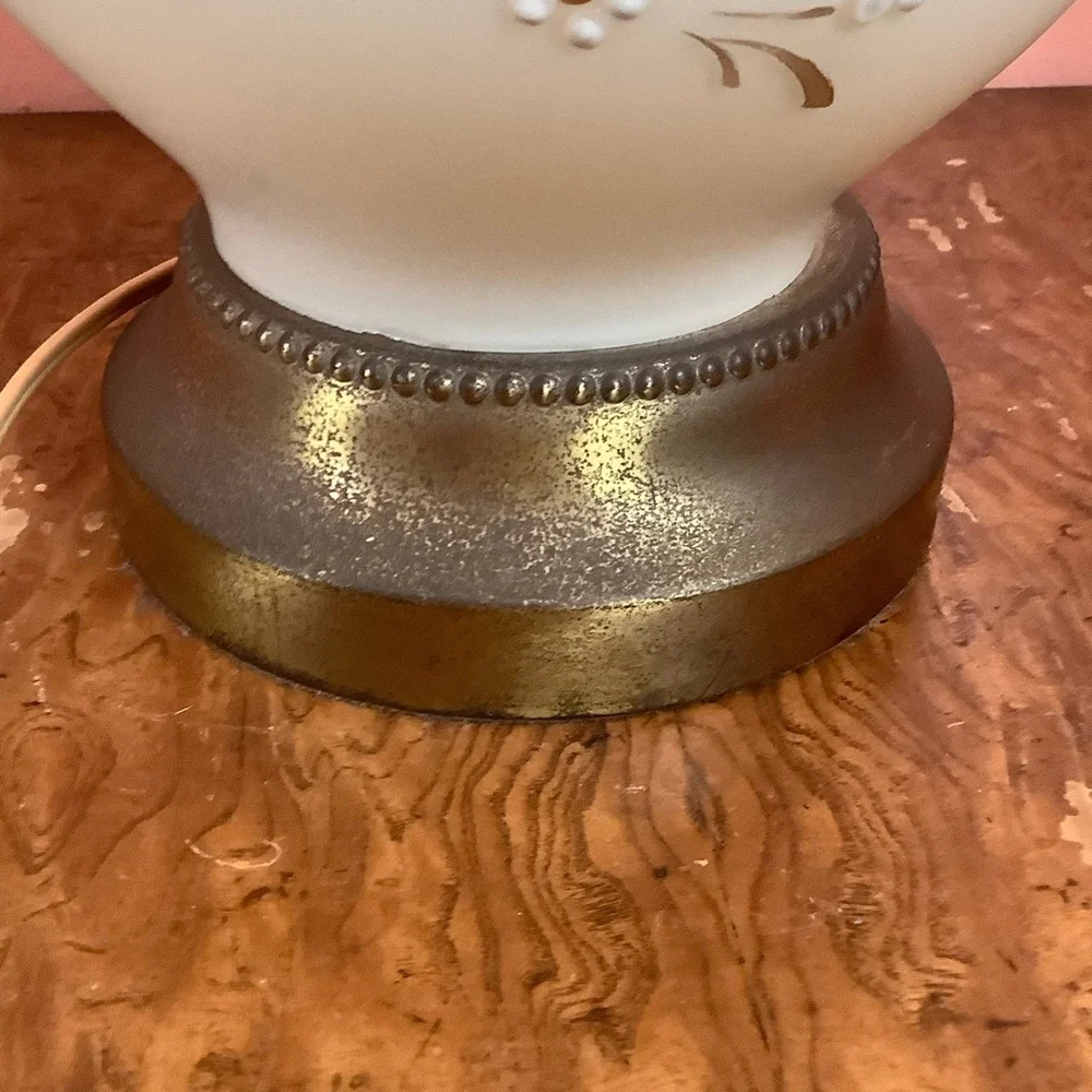 Vintage Bristol Milk Glass 25” Lamp Gold Floral Scrollwork, Modern Fabric Shade
